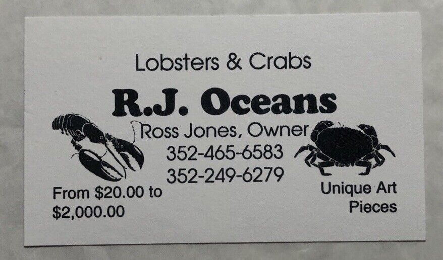 Vintage Business Card Lobsters & Crabs R.J. Oceans Florida