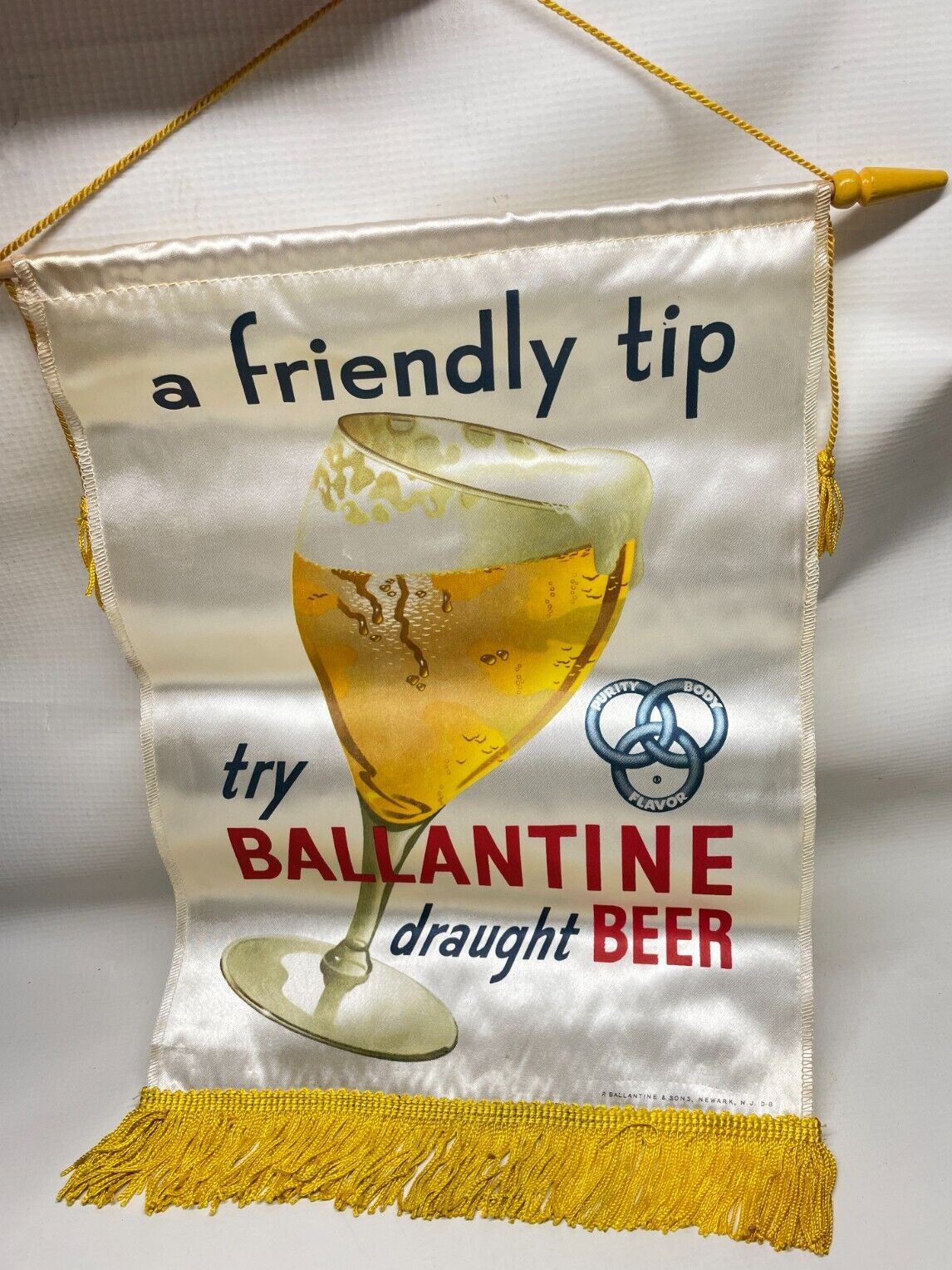 Vintage Original 1950s Ballantine Beer Banner Flag Sign “A Friendly Tip”