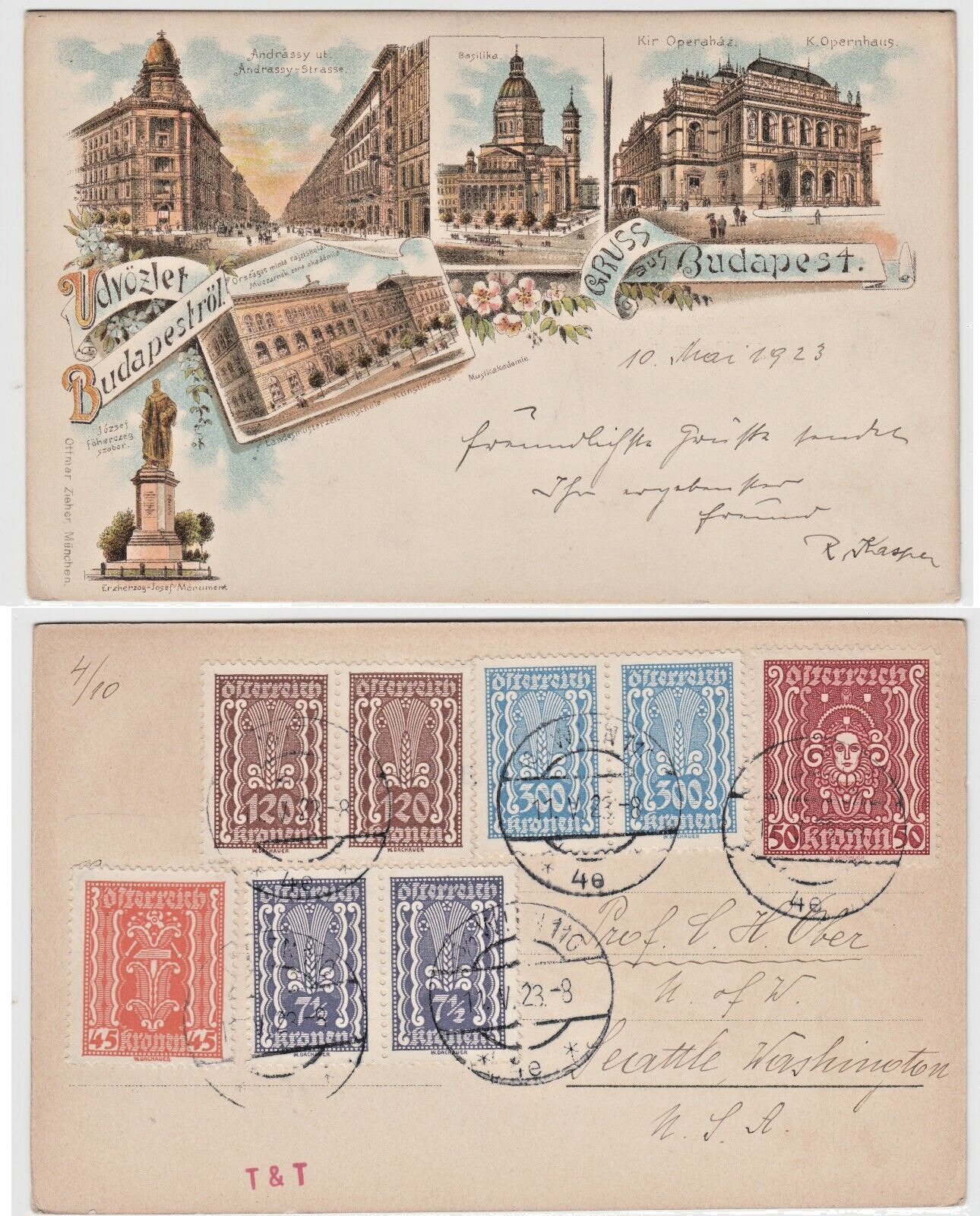 Gruss aus Budapest Hungary Postcard w Art Nouveau Austria Jugendstil Stamps