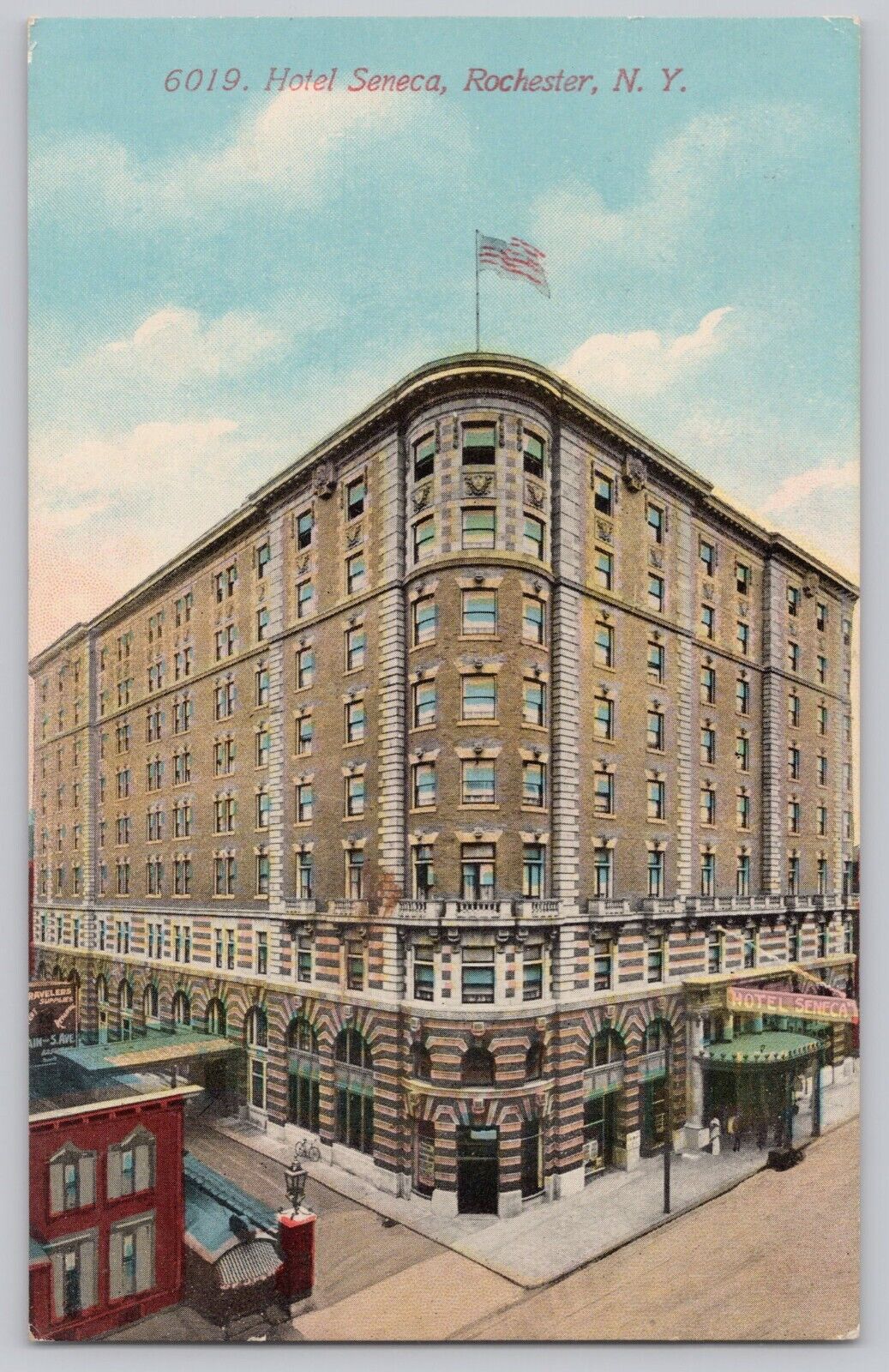 Postcard Rochester New York c1914 Hotel Seneca Exterior Building American Flag