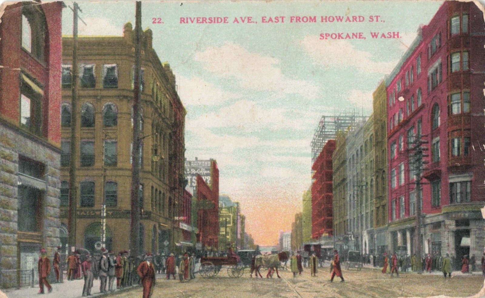 Spokane WA, Riverside Ave East from Howard St, Vintage Postcard