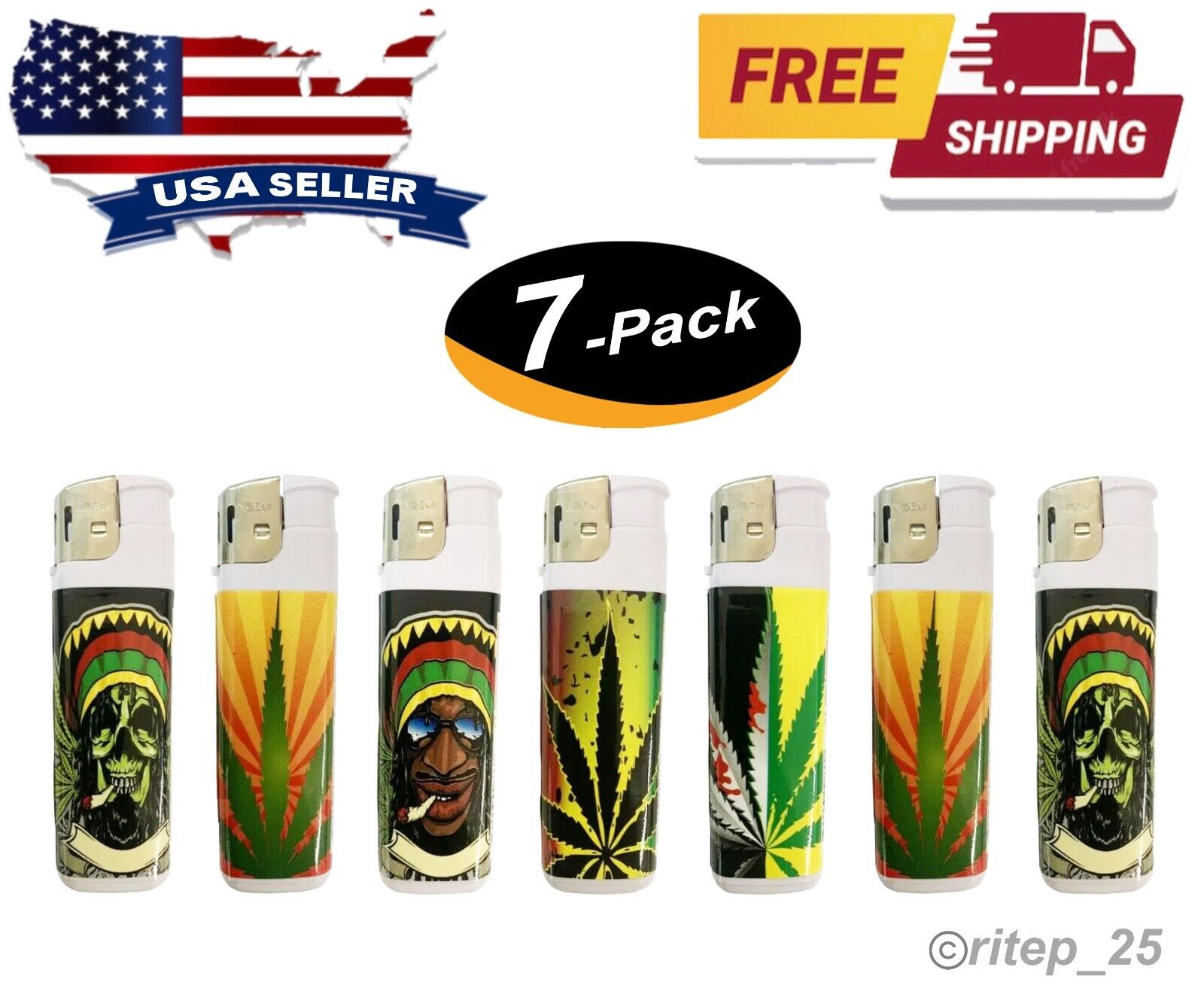 Rasta Neon Electronic Disposable Lighters, Assorted  Colors (7 Lighters) - New