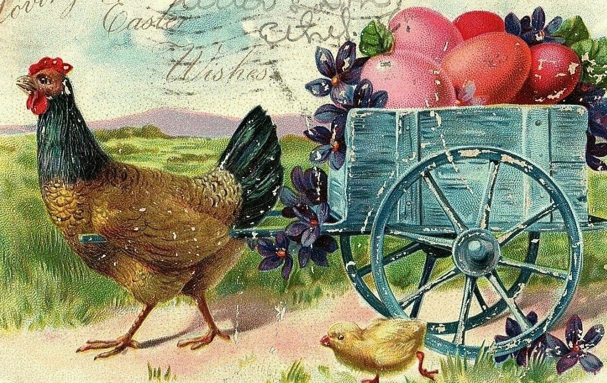 1907 Easter Tuck Postcard Raphael Chicken Pulling 2 Wheeled Cart &Eggs Embossed 
