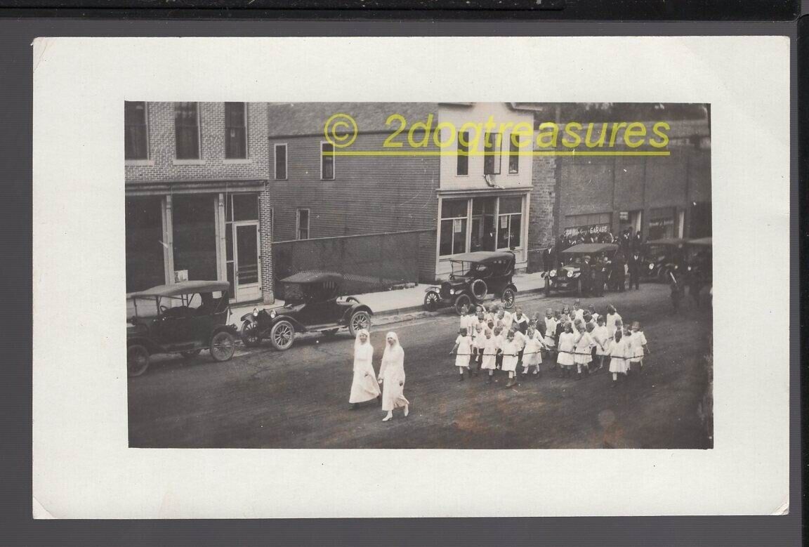 Rppc Red Cross Parade School Teachers Children Cir 1918 WW1 Old Cars Ford Garage