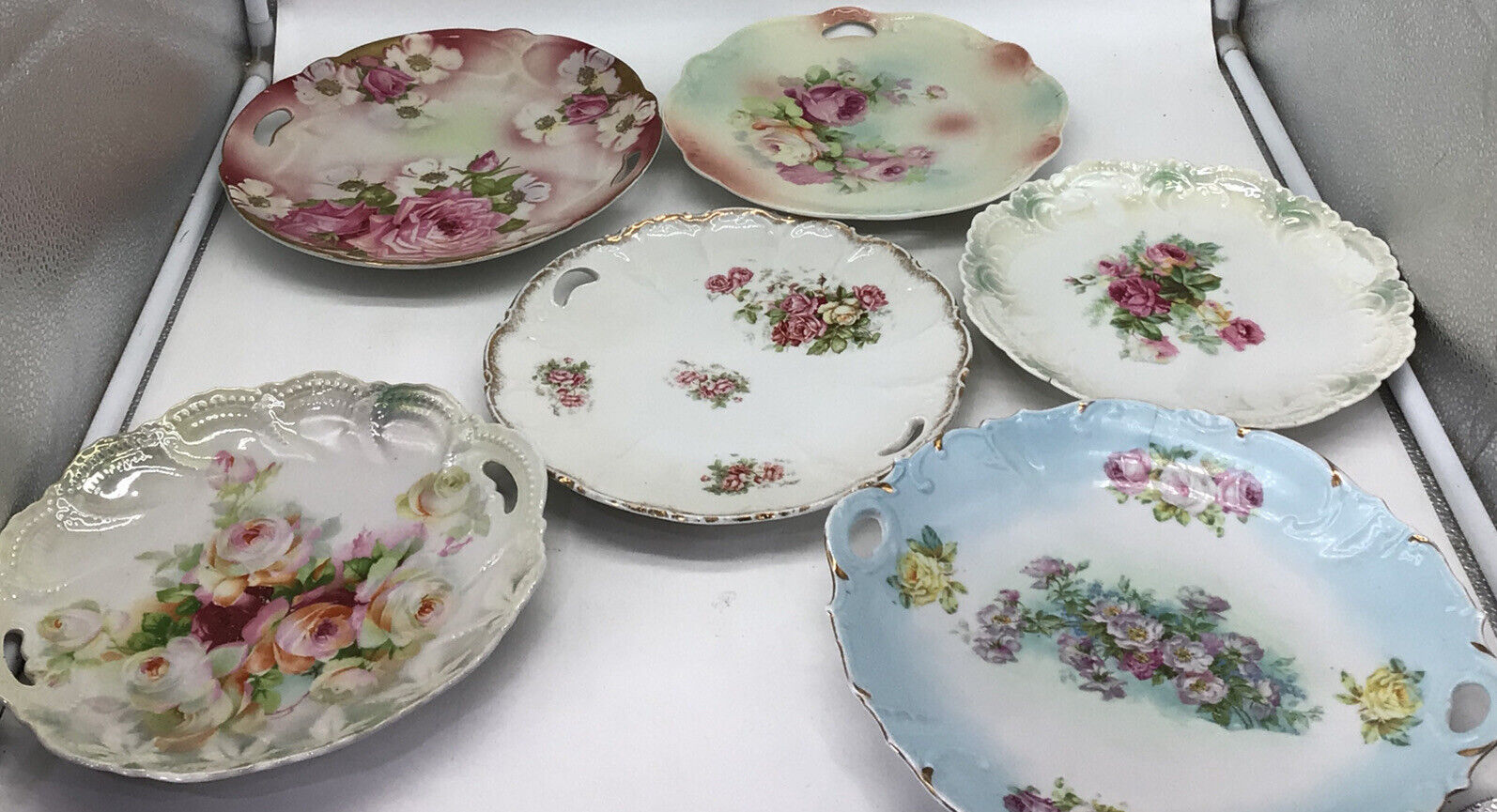 6 Hand-painted Plates Bavaria Germany Three Crowns Antique Roses 1 Has Crack