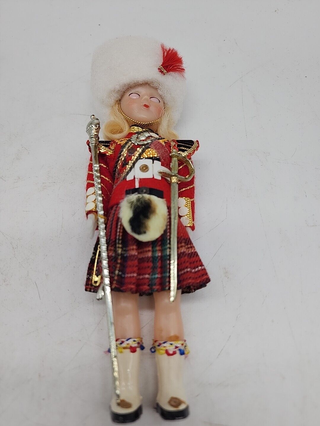 VINTAGE Scottish Antique Souvenir 9” Celluloid Girl doll Plaid Kilt Sleepy Eyes