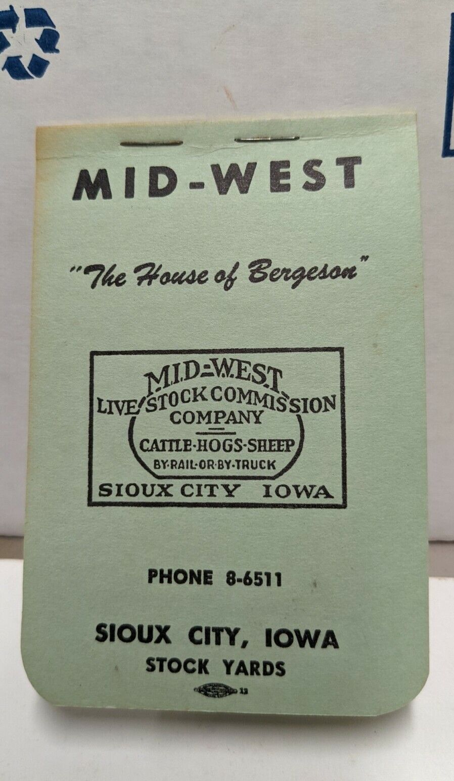 1957-1958 Midwest Livestock Comm. House Of Bergeson Pocket Notebk Sioux City IA
