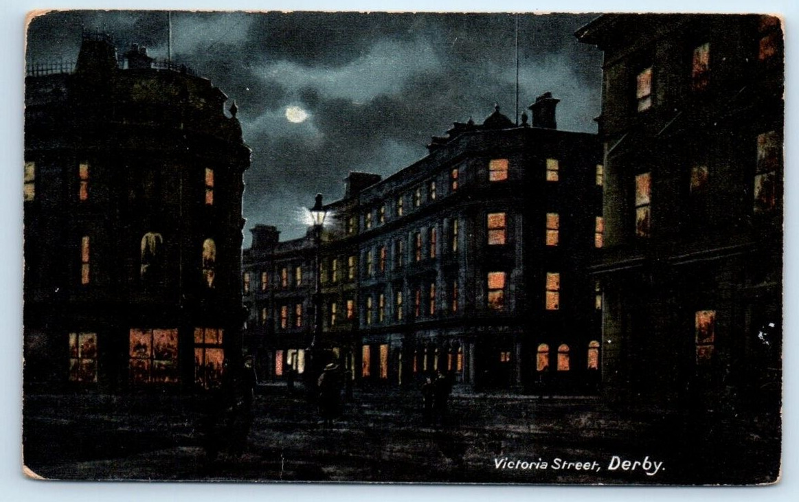 Victoria Street at night DERBY England UK Postcard