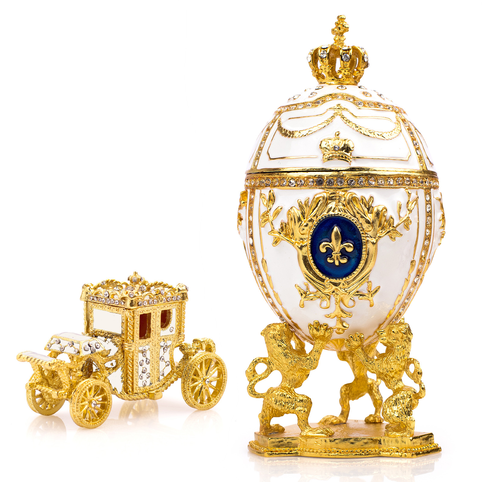 Royal Imperial White Faberge Egg Replica : 6.6 inch + White Carriage by Vtry