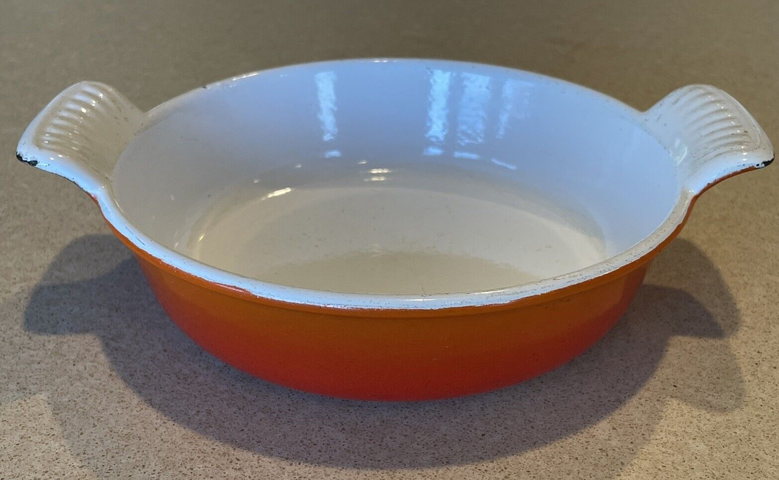 Vintage Descoware Cast Iron Enamel Au Gratin Baking Dish 8” Round Flame Orange