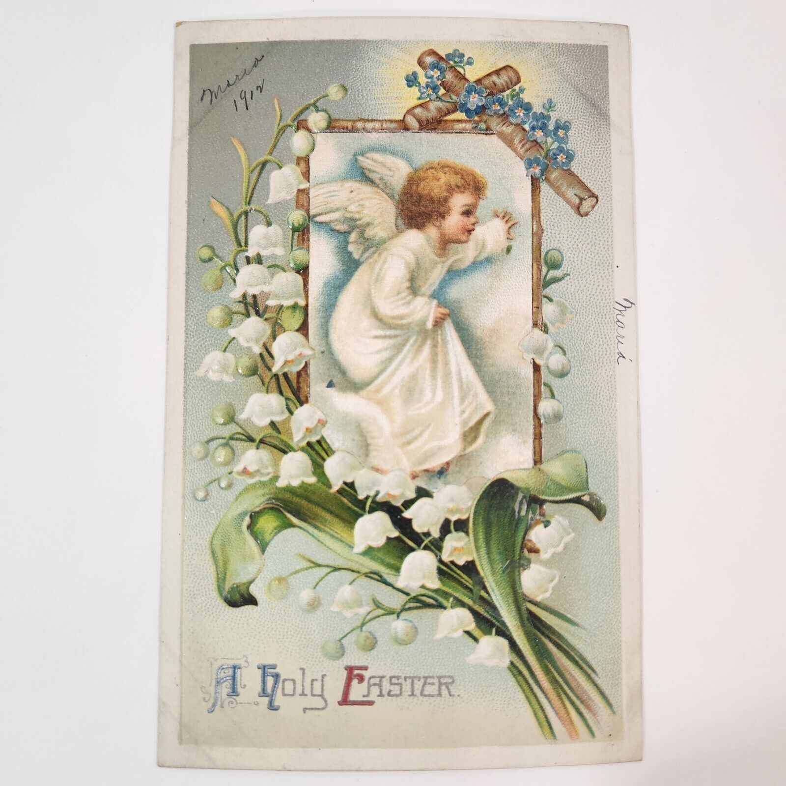 A Holy Easter With Child Angel, Embossed 1900s Vintage Postcard