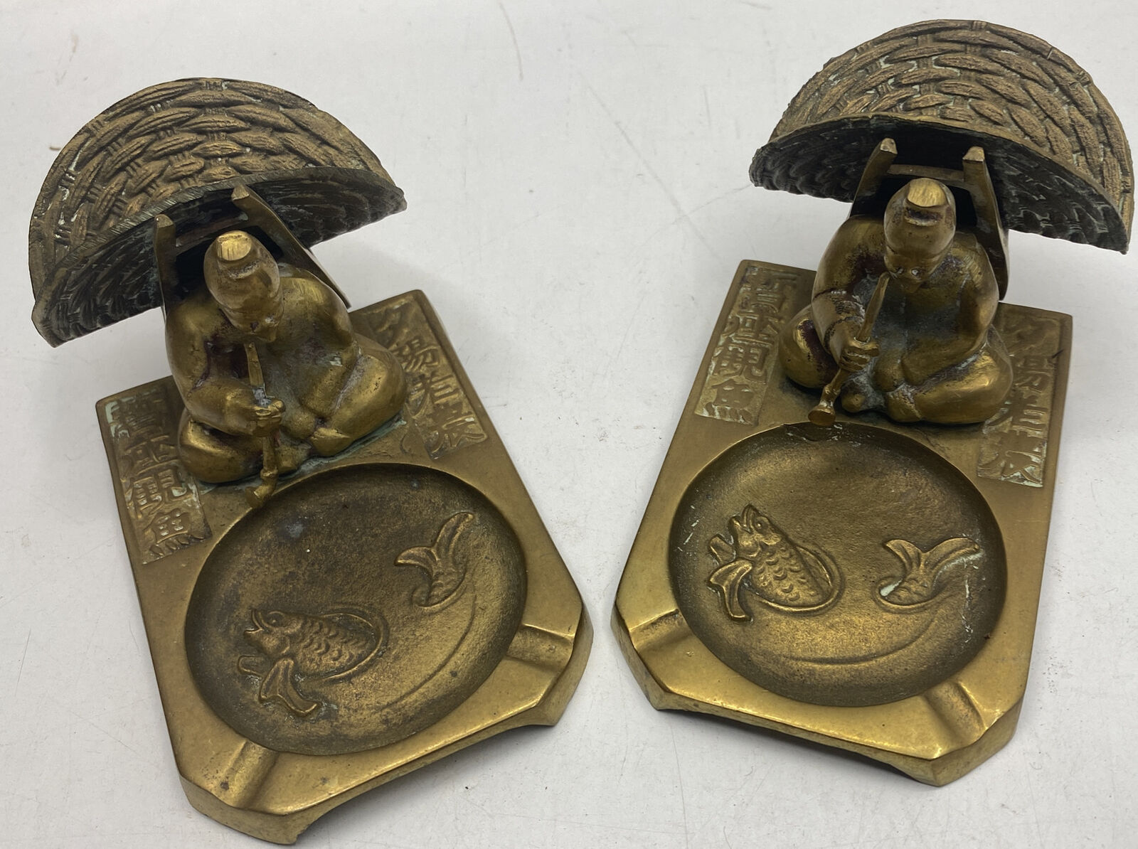 Pair Brass bronze Vintage Ashtray Cigarette Match Holder Korea Asian