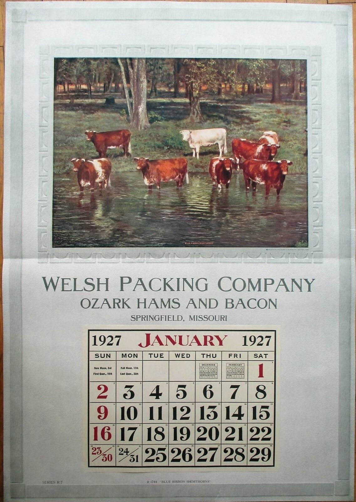 Springfield, MO 1927 Advertising Calendar/20x28 Poster: Ham & Bacon/Meat Packing
