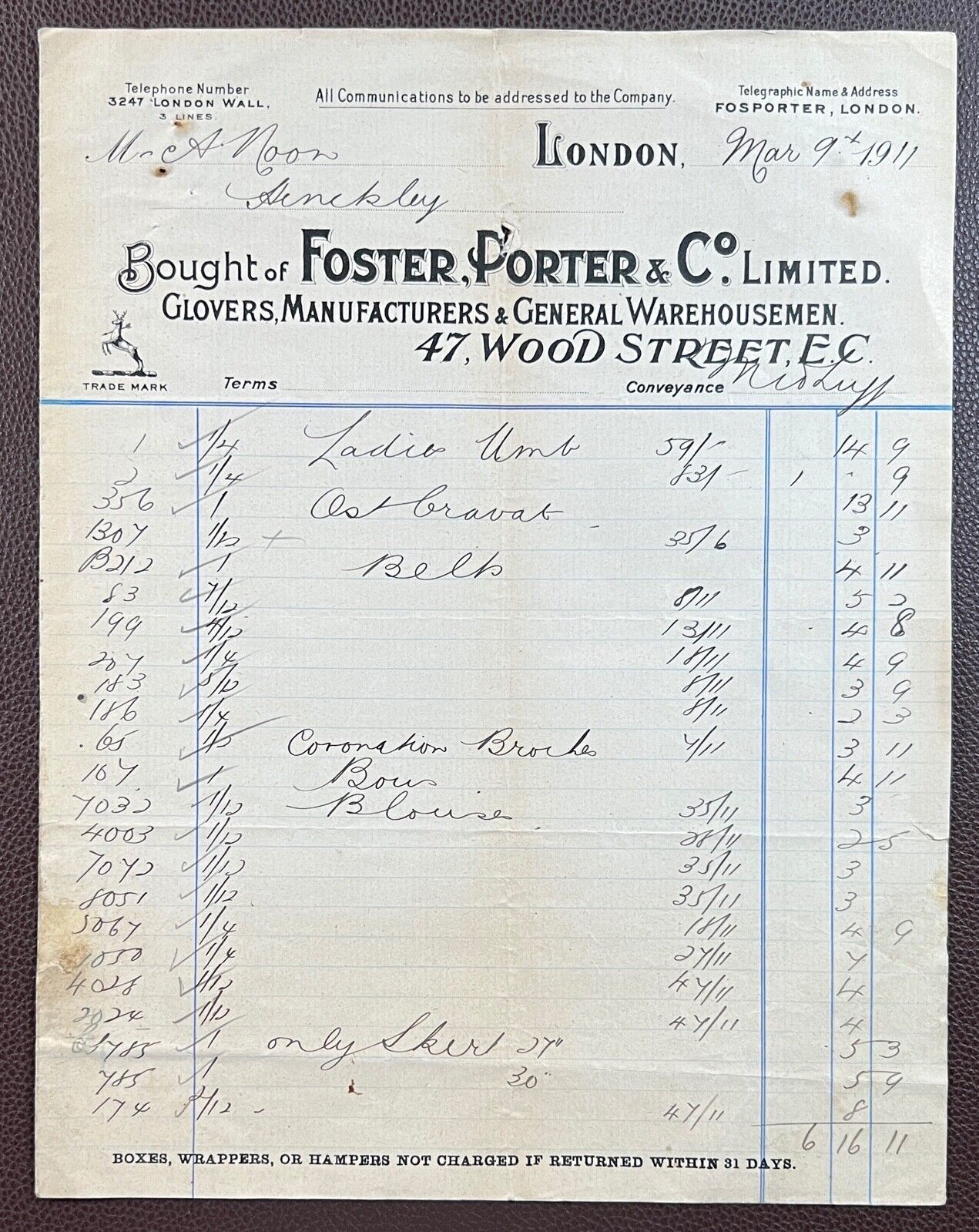 1911 Foster, Porter & Co., Glovers, 46 Wood Street, London Invoice