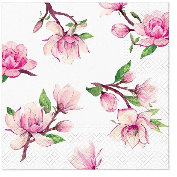 Two Individual Luncheon Decoupage Paper Napkins Spring Magnolia Flowers Garden