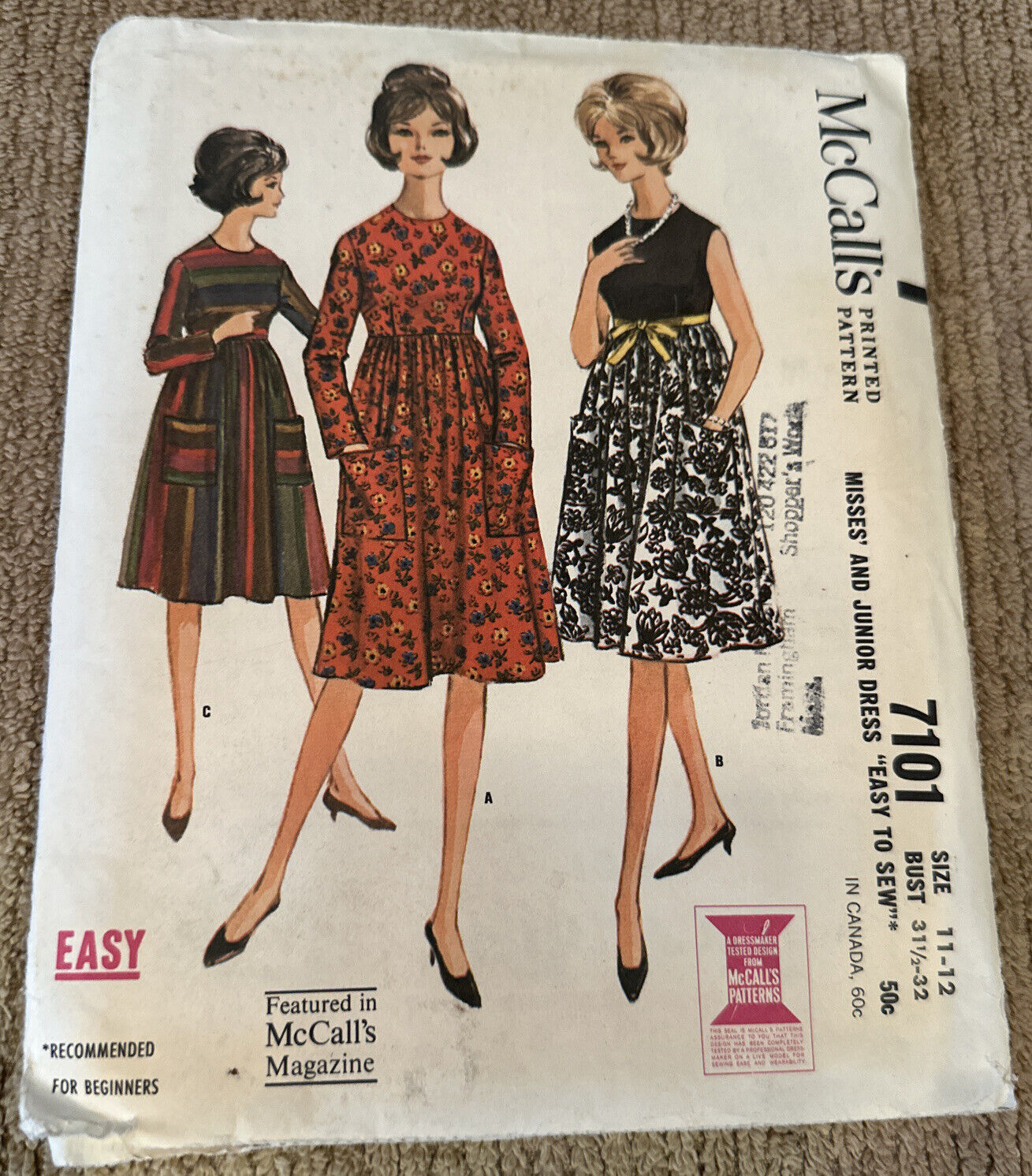 Vtg 1963 McCall’s 7101 Easy Sz 11-12 Dress Pattern Uncut