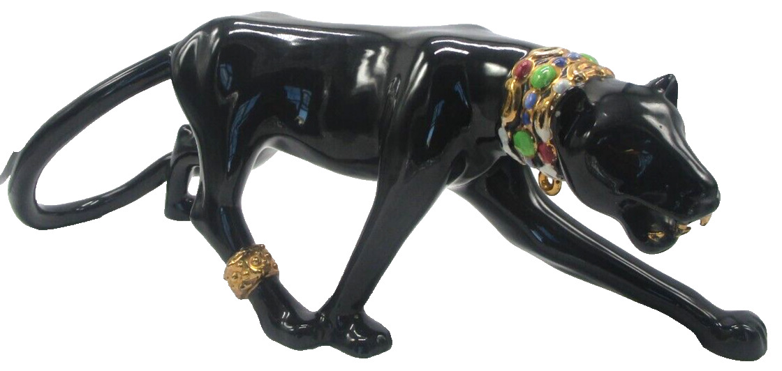 MINT Vintage MCM 1950's Large 21” Ceramic Jeweled Black Panther Figurine Signed