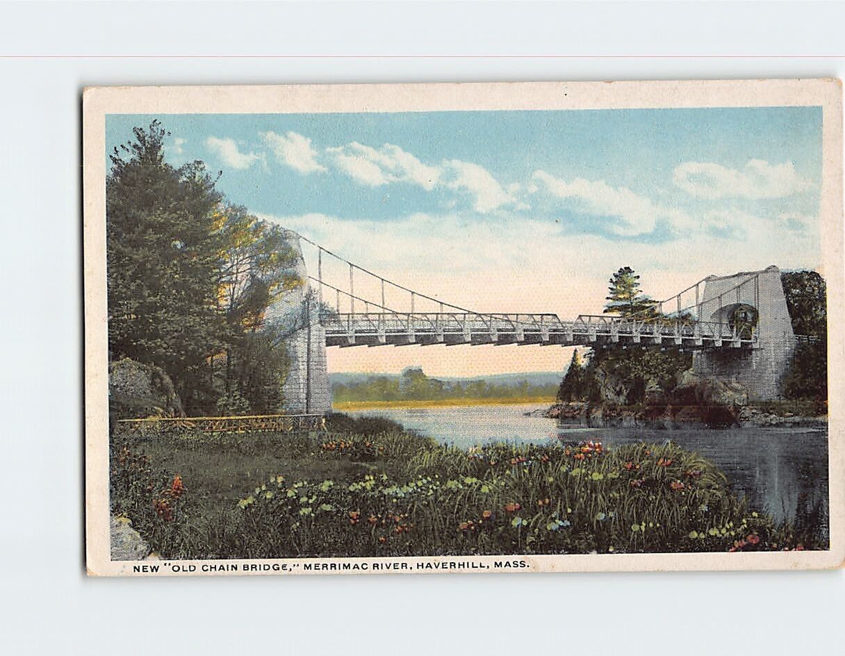 Postcard Old Chain Bridge Merrimac River Haverhill Massachusetts USA