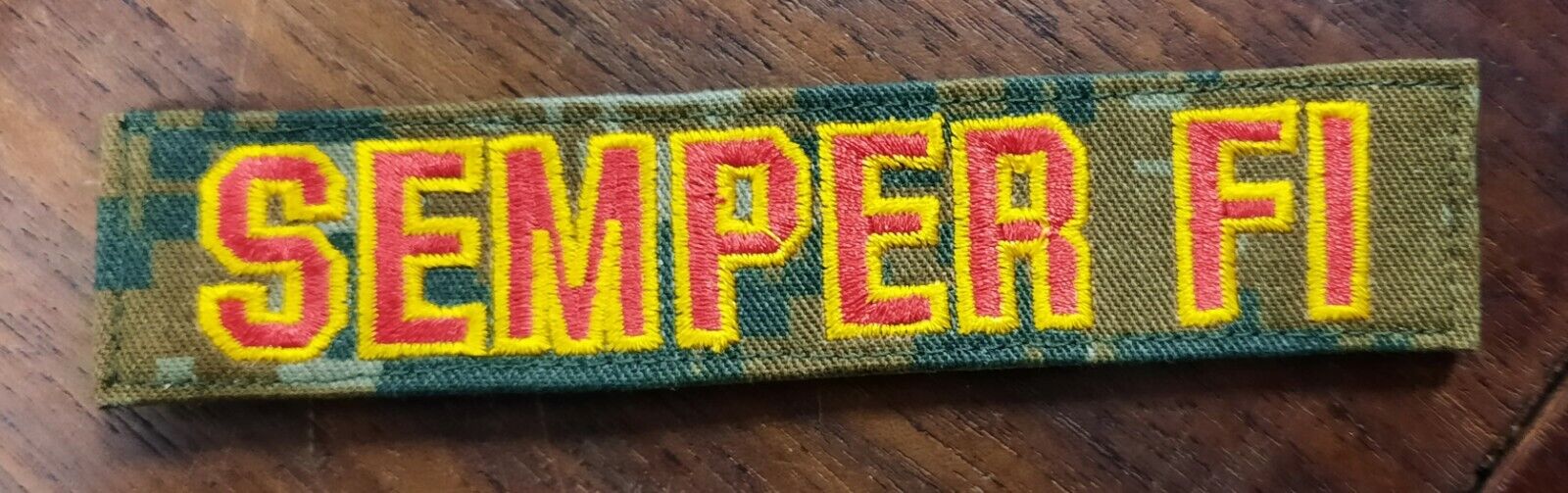 USMC Semper Fi Gold Yellow & Red on MARPAT Woodland 1x5 Hook Name Patch