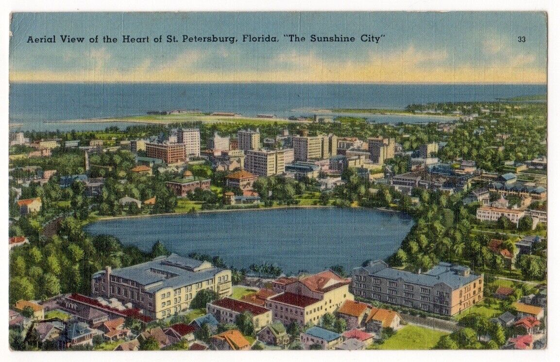 St. Petersburg Florida c1942 aerial view, downtown business district, lake