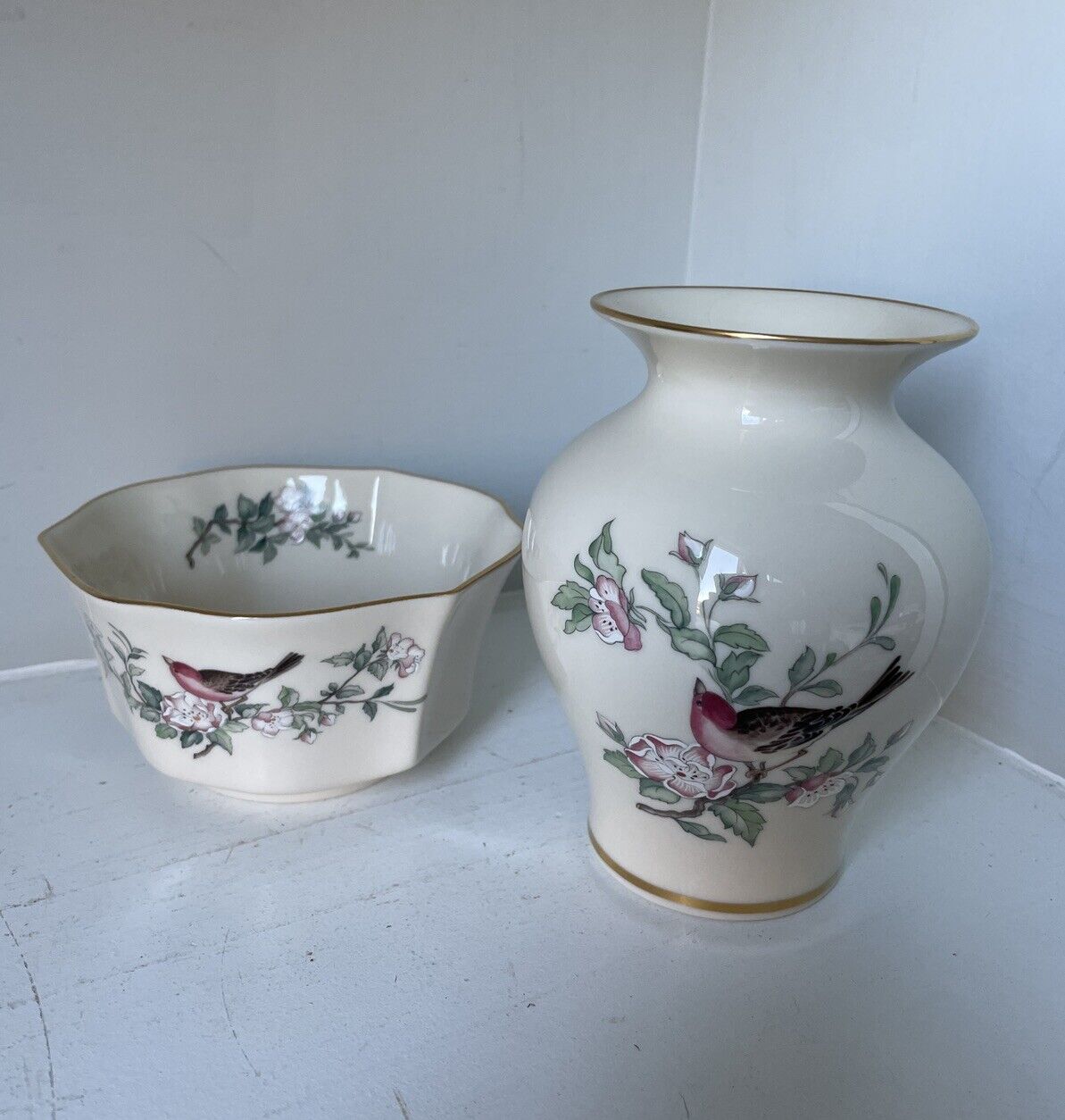 🕊️ Lenox Serenade - Medium Vase & Bowl Set - 24k Gold Birds Floral - Mint USA
