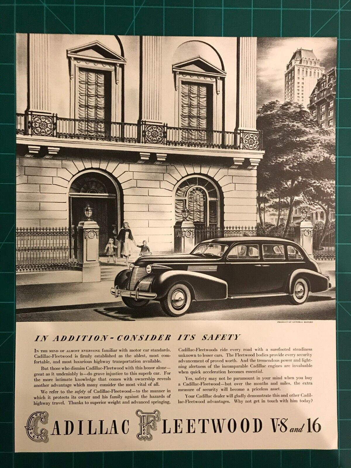 1939 Cadillac Fleetwood Print Ad. V8 or V16. \