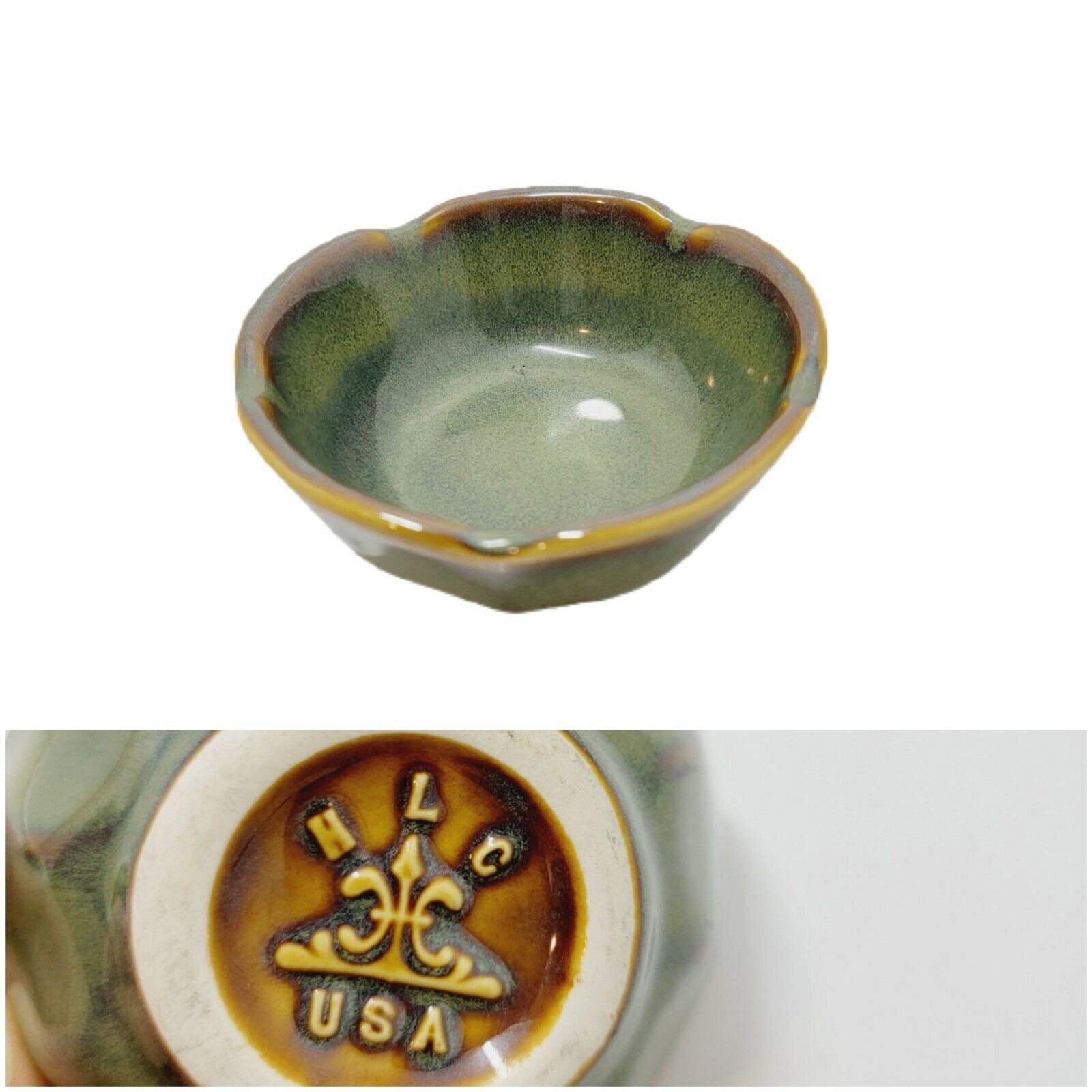 Vintage HLC USA Glazed Multi. Small Dish Finger Bowl Ribbed Scalloped Edges Top 