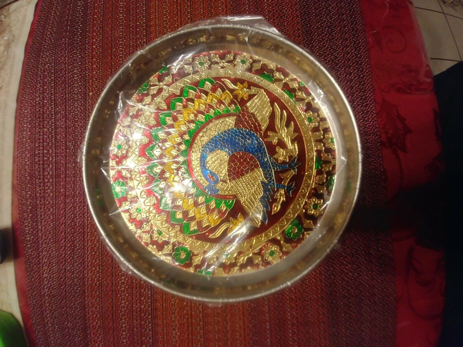 9 Inch Steel Puja Thali Plate With Peacock Pattern