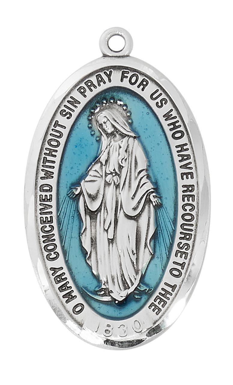 Sterling Silver MIRACULOUS MEDAL Blue Enameled Size 1.5in Features 24in Chain