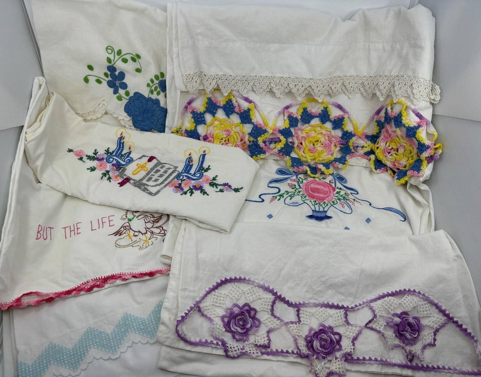 Lot Of 9 Vintage Pillowcases Some Handmade Embroidered Crocheted Painted