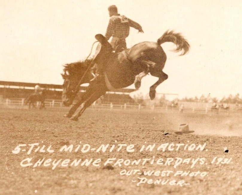 RPPC Till MID-NITE in Action Rodeo Bronco Cowboy Cheyenne Frontier Days 1931