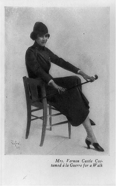 Mrs Vernon Castle costumed á la guerre,walk,women,stick,clothing,dress,1917