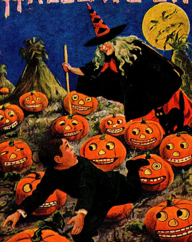 VTG Postcard Halloween Bernhardt Wall Witch Kid Jack O Lantern Field Moon Repro