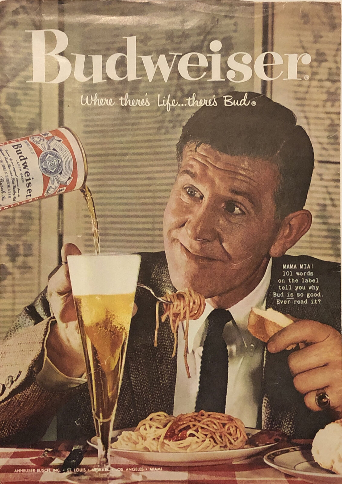 1958 Budweiser Husband Spaghetti Supper As Wife Pours Beer VTG 1950s PRINT AD