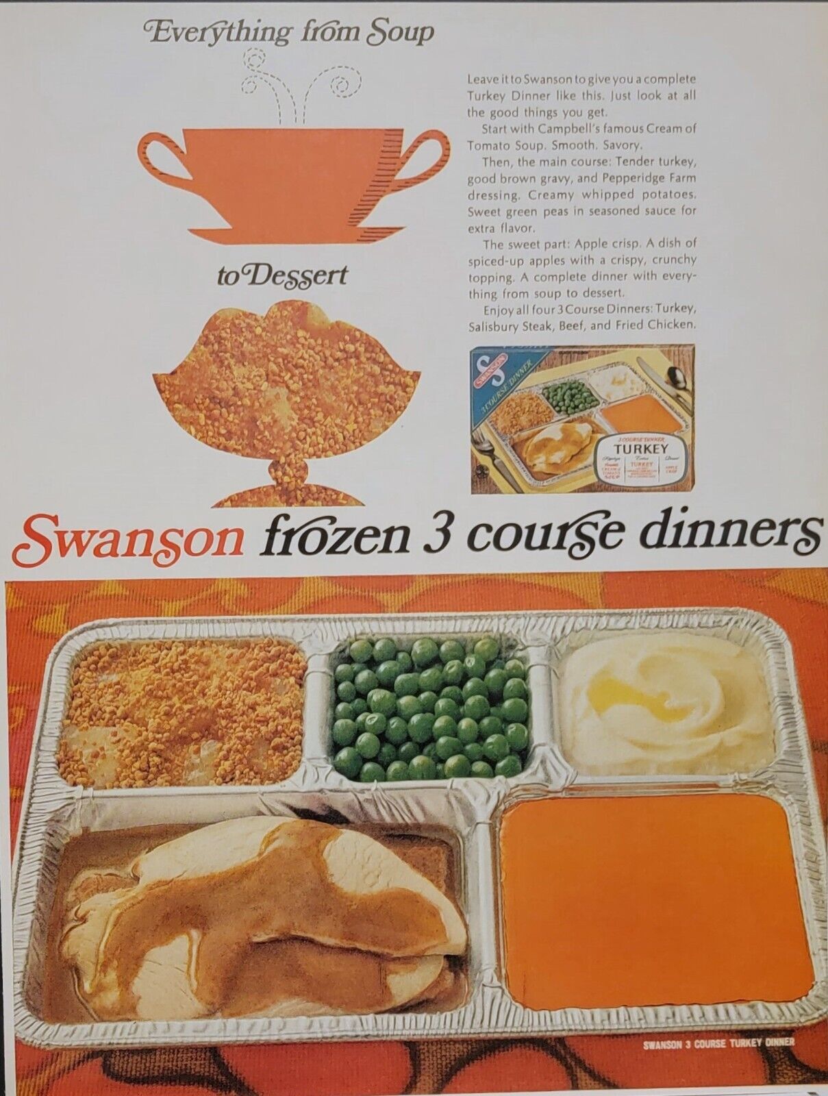 1970s Swanson 3 course TV Dinner Print Ad
