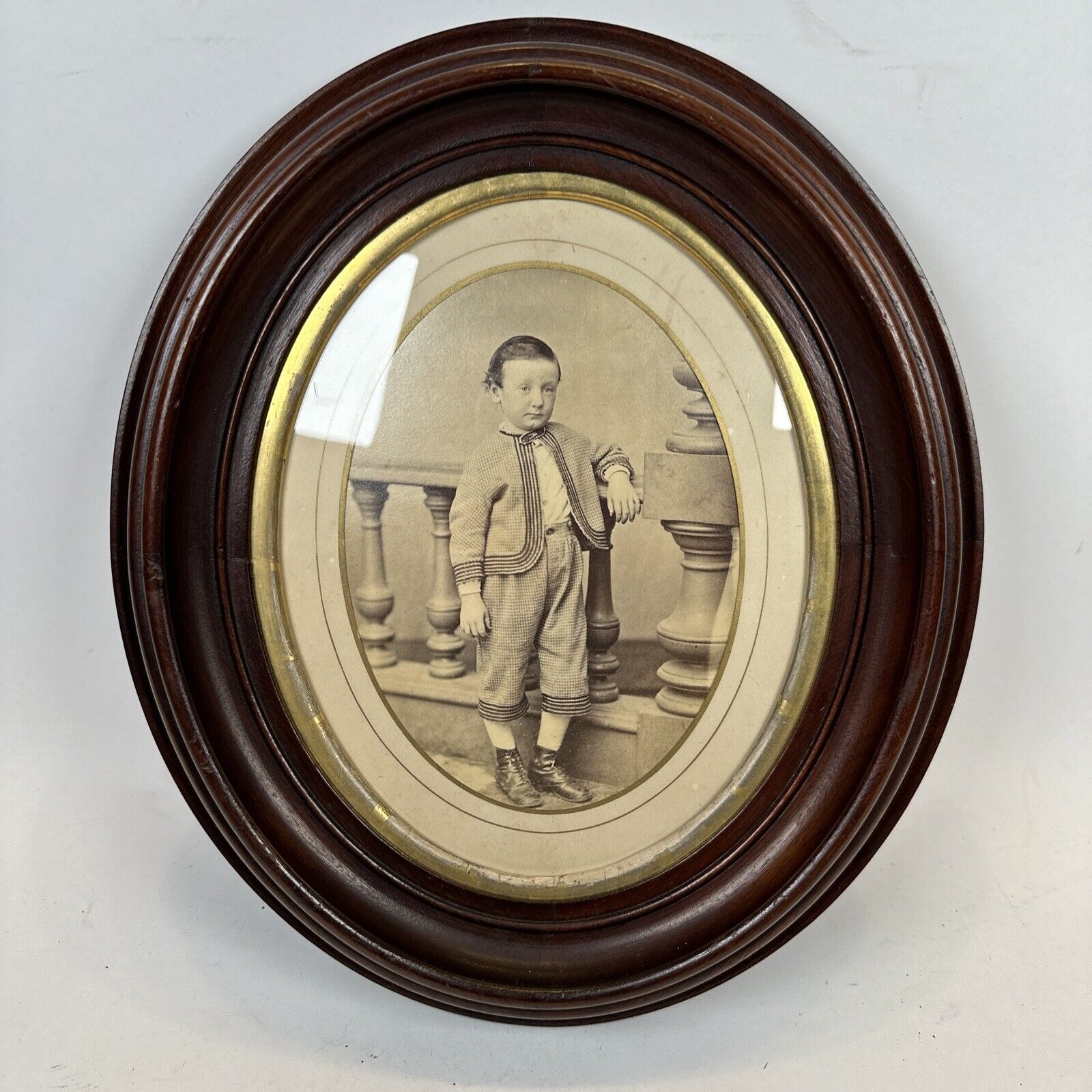 Antique Victorian Oval Wood Framed Photograph Of Young Boy