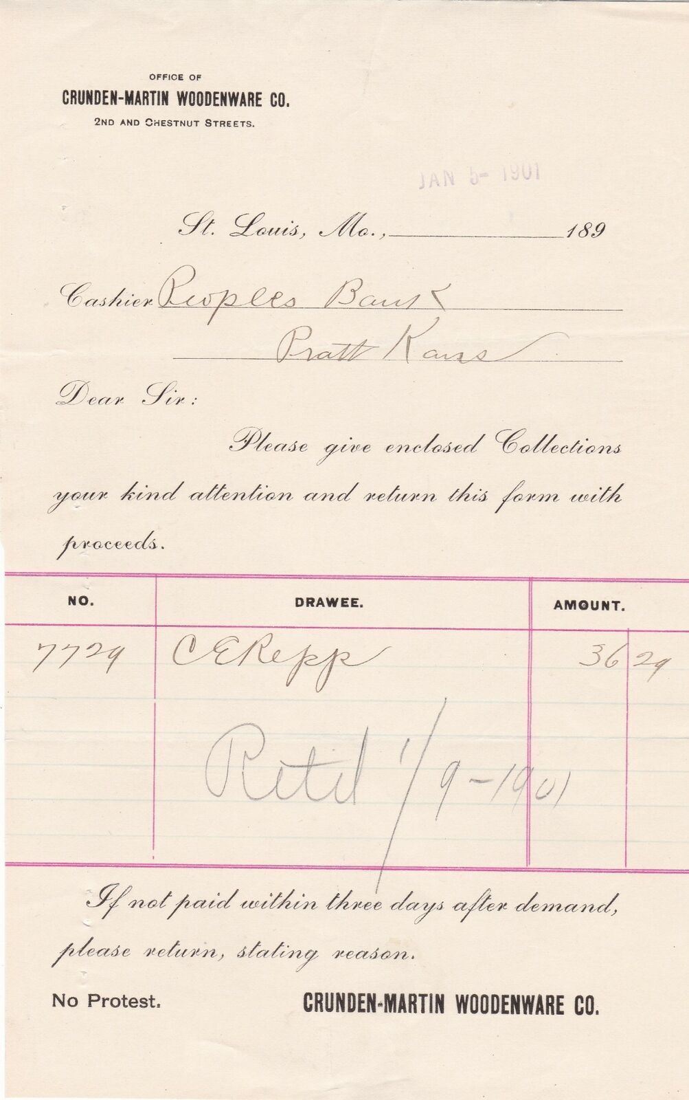 U.S. CRUNDEN-MARTIN WOODENWARE CO. St. Louis 1901 Returned Invoice Ref 44352