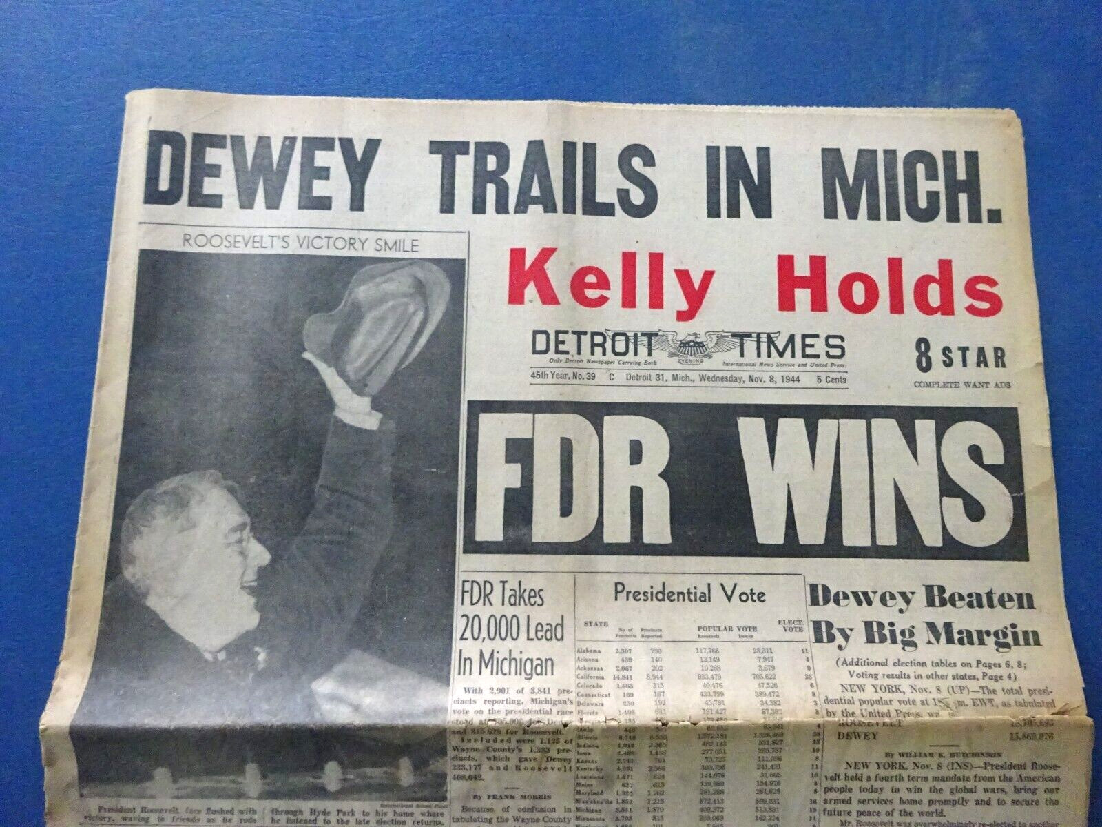 Nov 8, 1944 Detriot Times, FDR Wins, Dewey Trails in Mich.