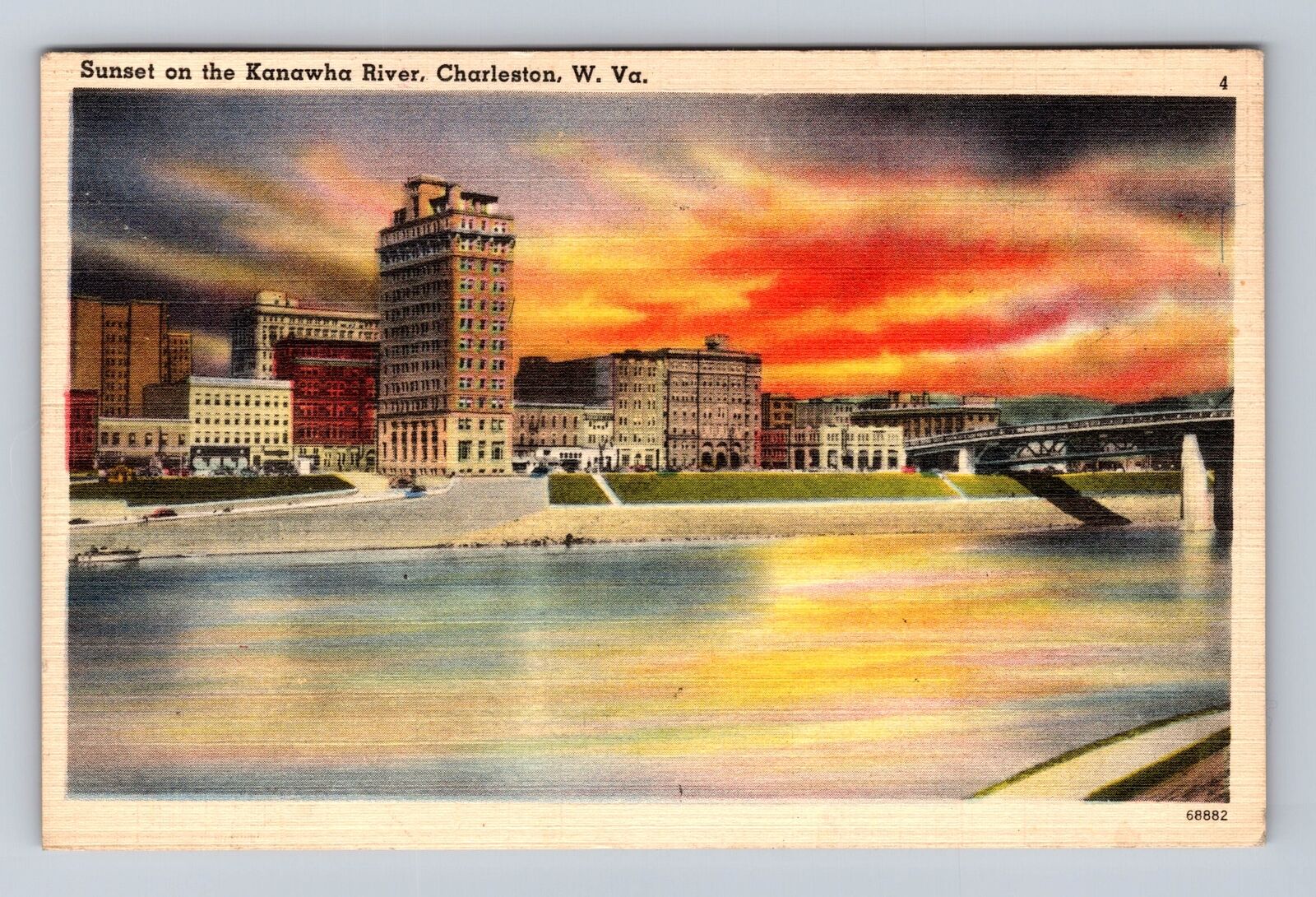 Charleston WV-West Virginia, Sunset on Kanawha River, Vintage c1950 Postcard