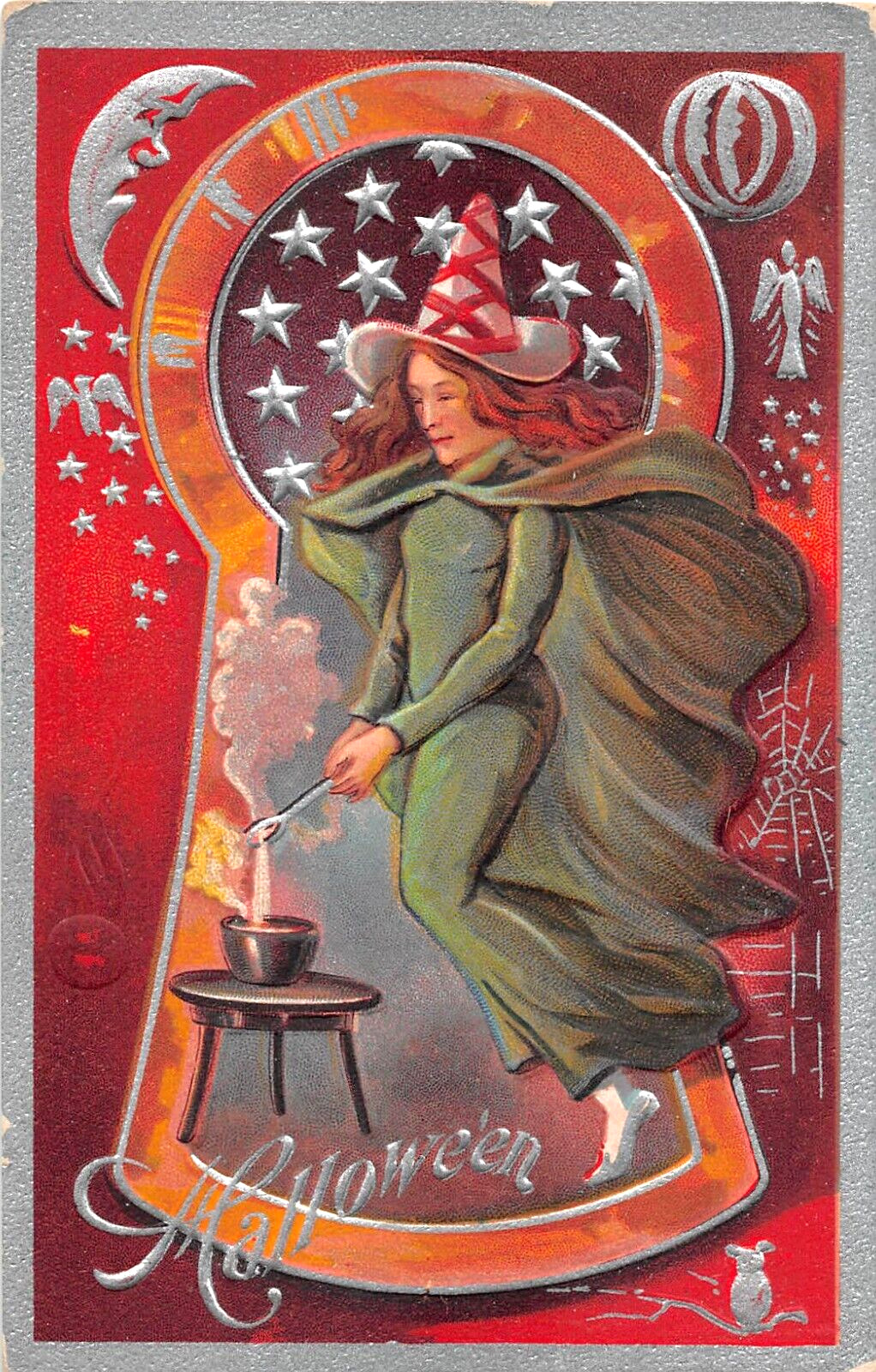 c.1909 Witch with Kettle in a Keyhole Halloween post card Nash