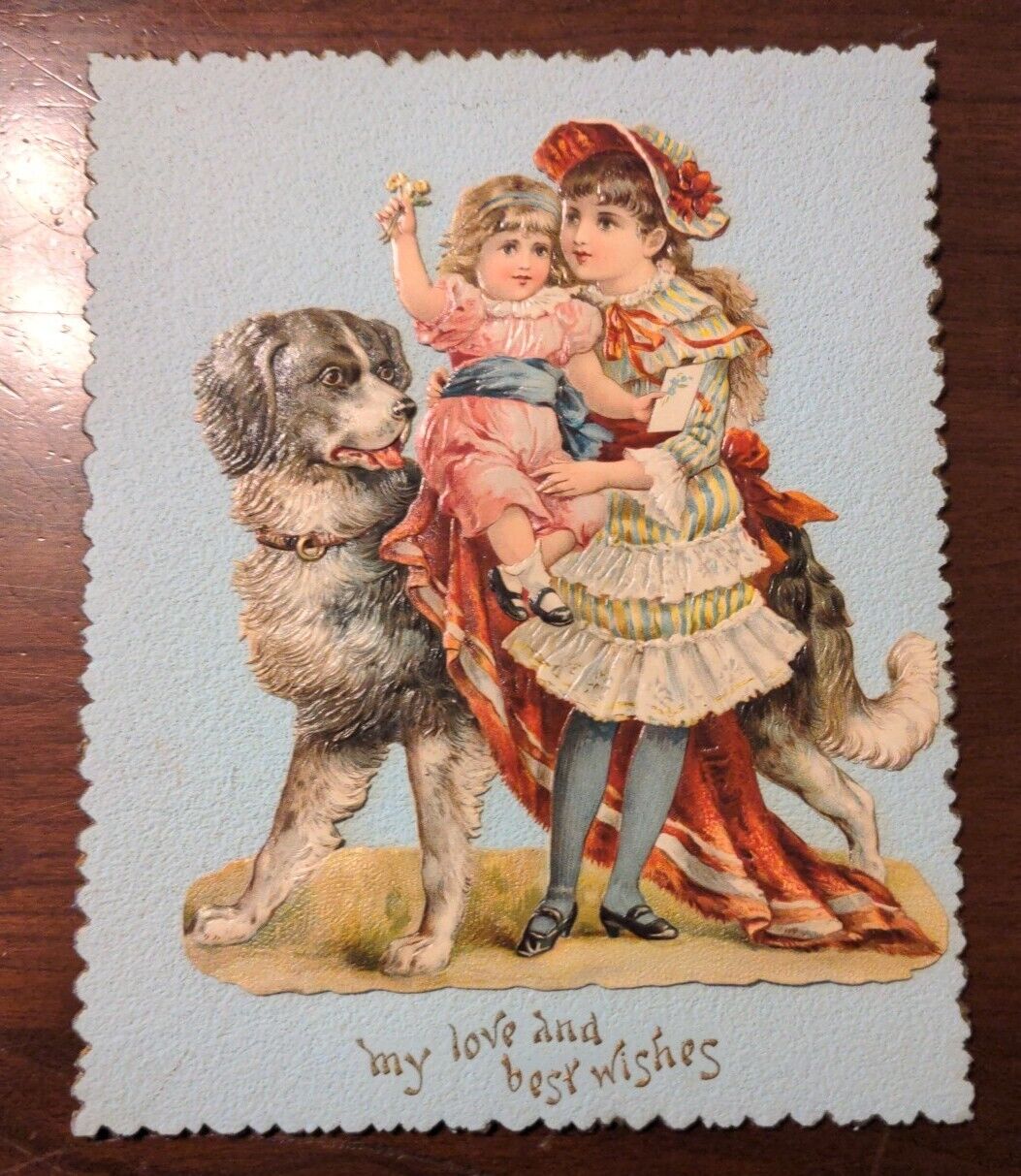 Girls & Dog Antique Victorian Embossed Chromo Card Love & Best Wishes