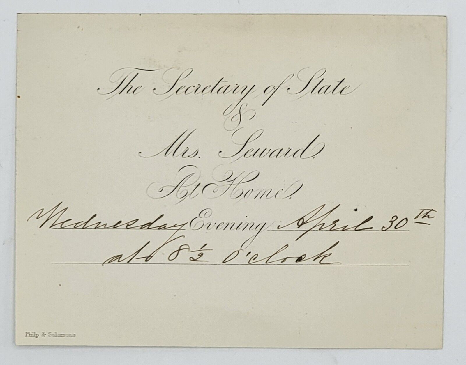 Extremely Rare Invite To The Home Of Sec Of St And Mrs William Seward April 1862