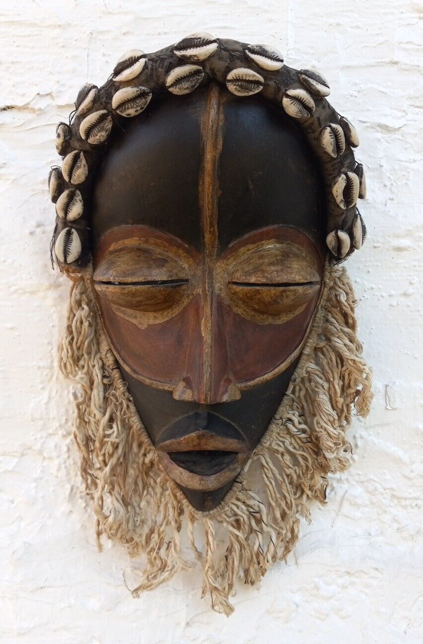 Hand Carved African Tribal Art, Wooden Dan Mask W/ Shells & Jute Beard