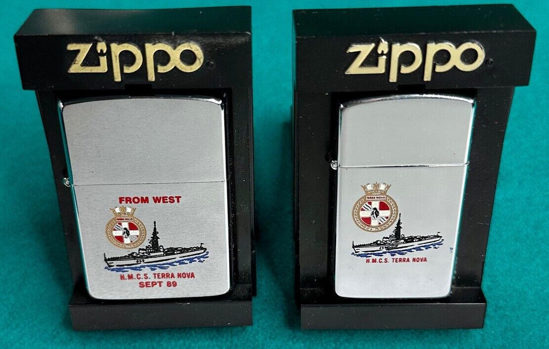 Vintage Zippo H.M.C.S. Terra Nova Brushed Chrome, and Slim Line Pair, Unfired