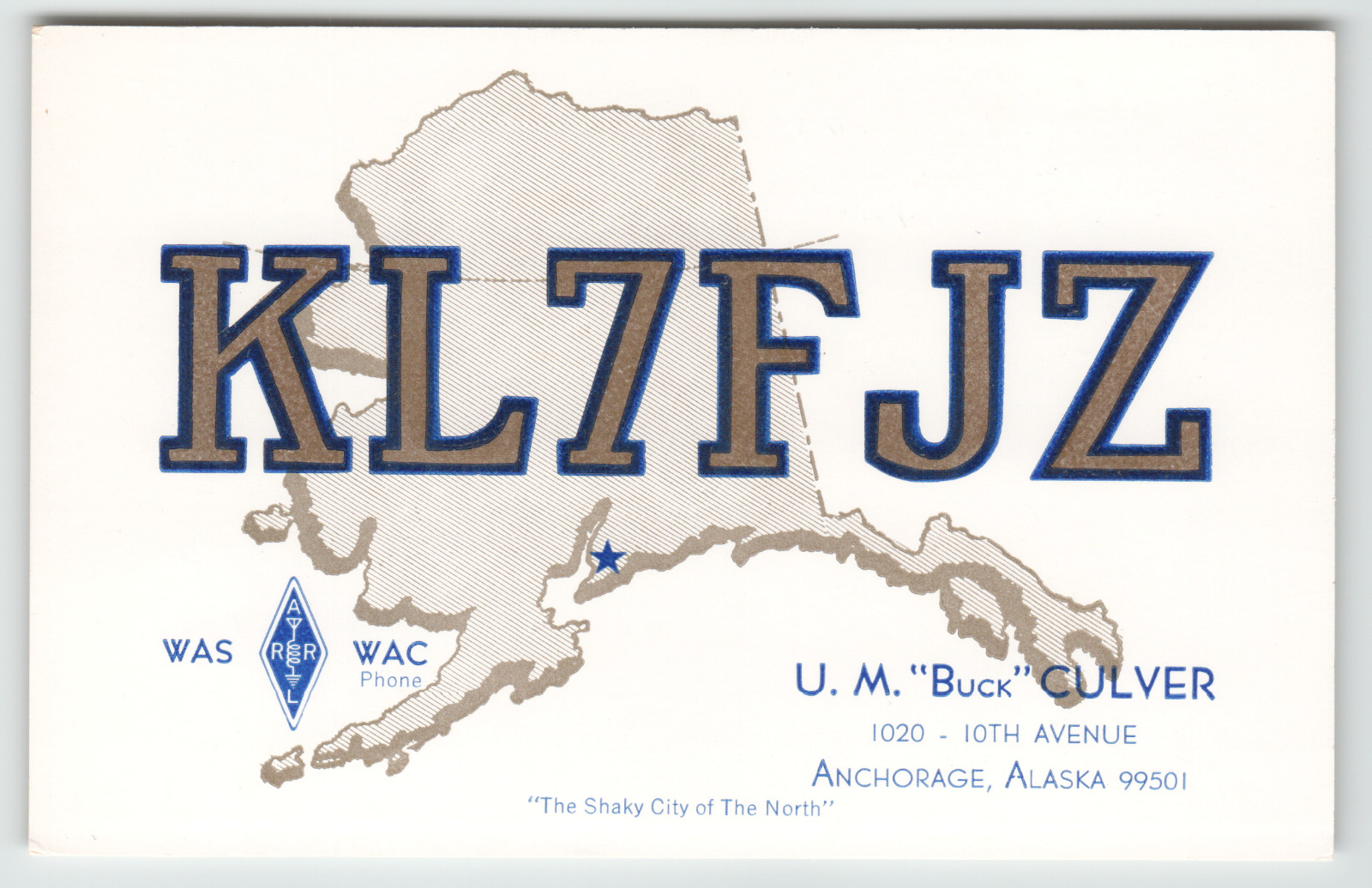 Postcard QSL Card 1969 KL7FJZ  Anchorage, AK