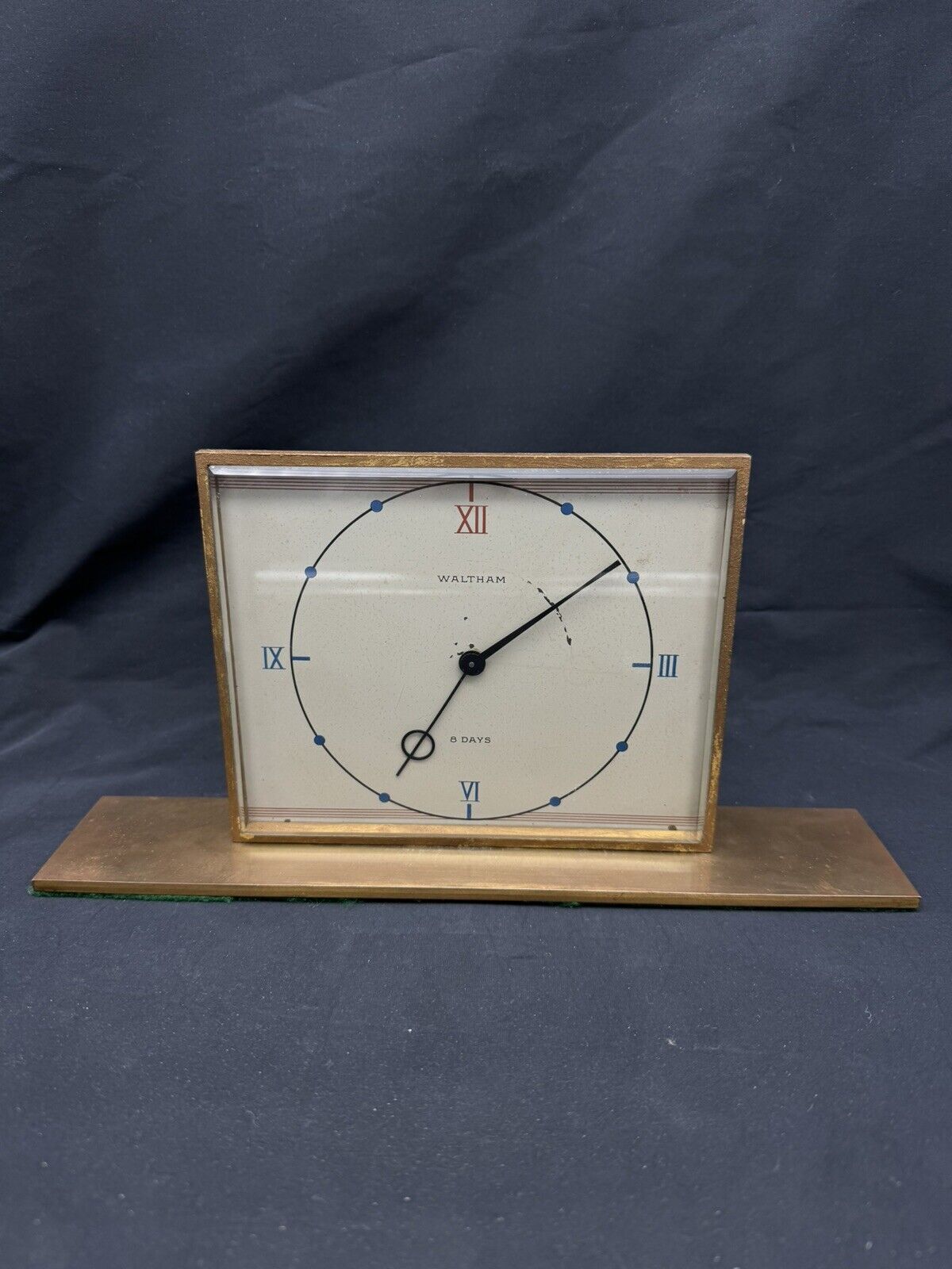 Antique WALTHAM Brass 8 Day Art Deco Desk Clock, Repair or Parts
