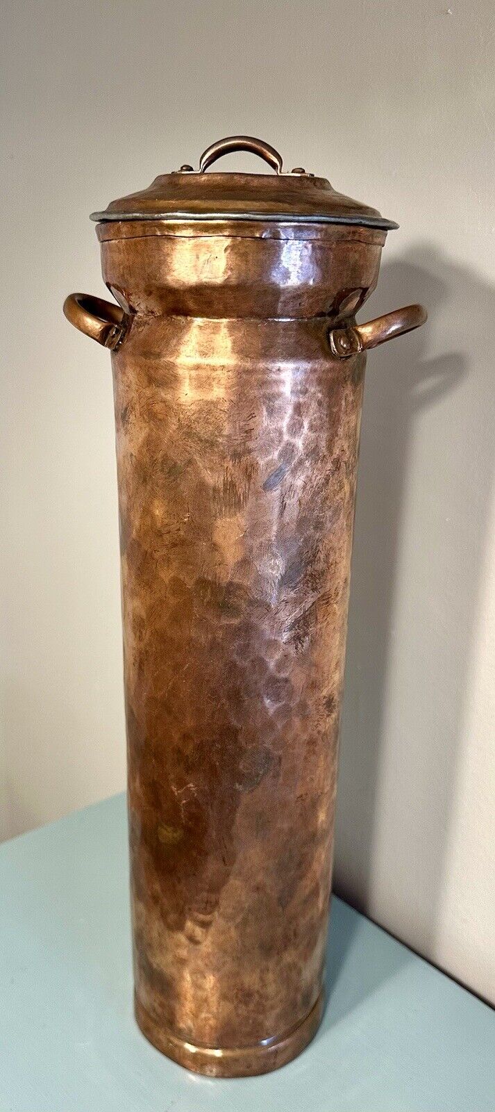 Rare Antique Handmade Dovetailed Hammered Copper Canister Container With Lid