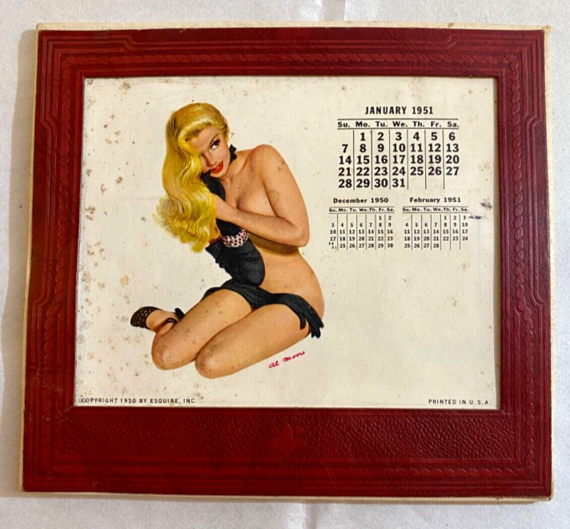 1951 Esquire Girl Leatherette Desk Calendar, art by Al Moore, Vintage, some wear