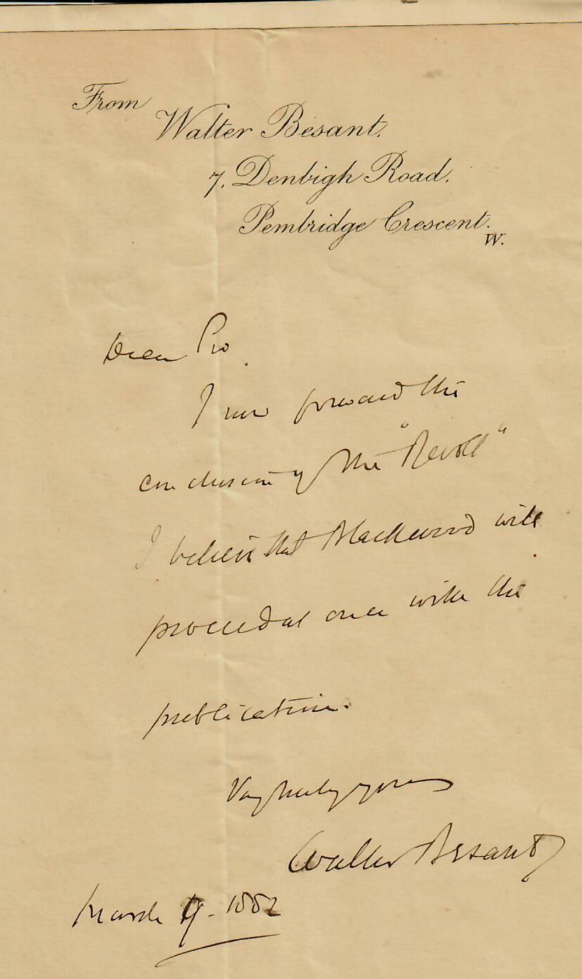 “English Novelist” Sir Walter Besant Hand Written Letter Dated 1882 Todd Mueller