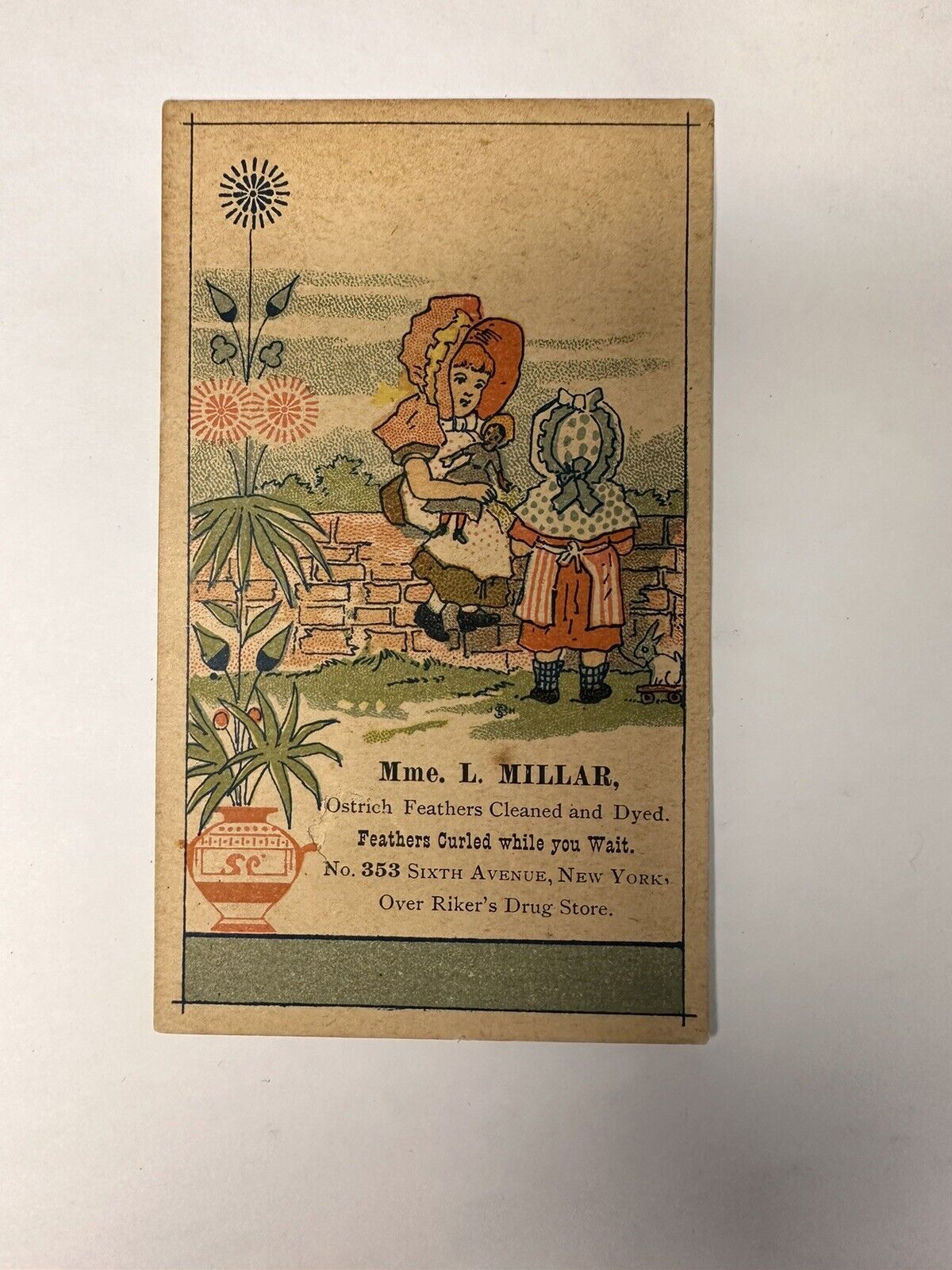 Victorian Trade Card Mme Millar Ostrich Feathers Cleaned & Curled 6th Ave NY B78